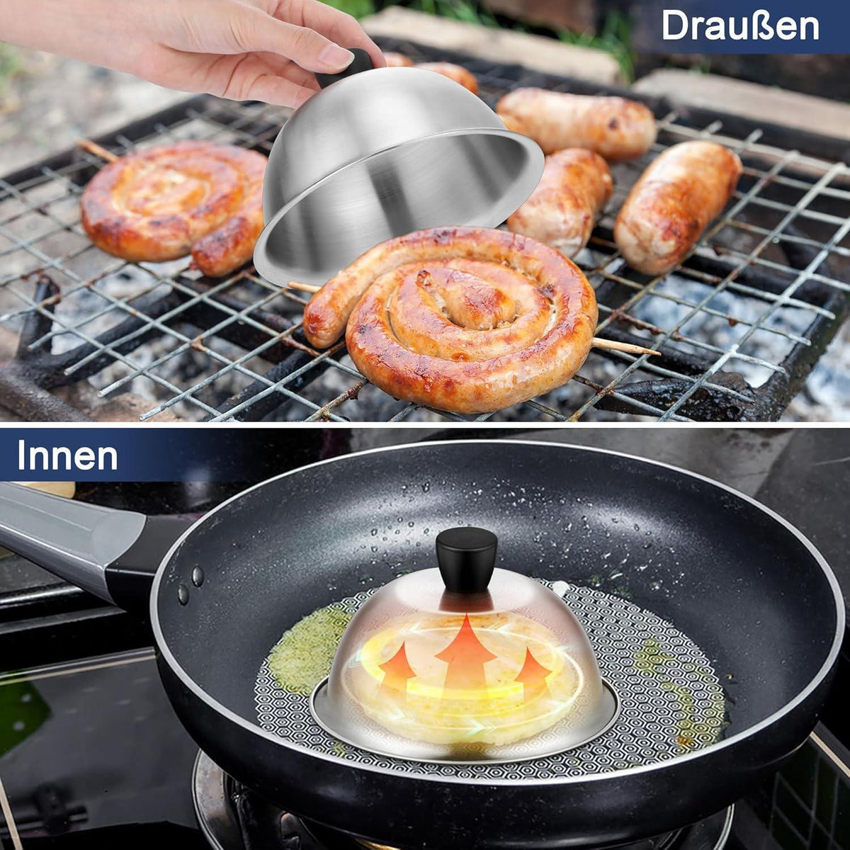 Burgerglocken Edelstahl 2er Set mit Griff, 15,2 cm