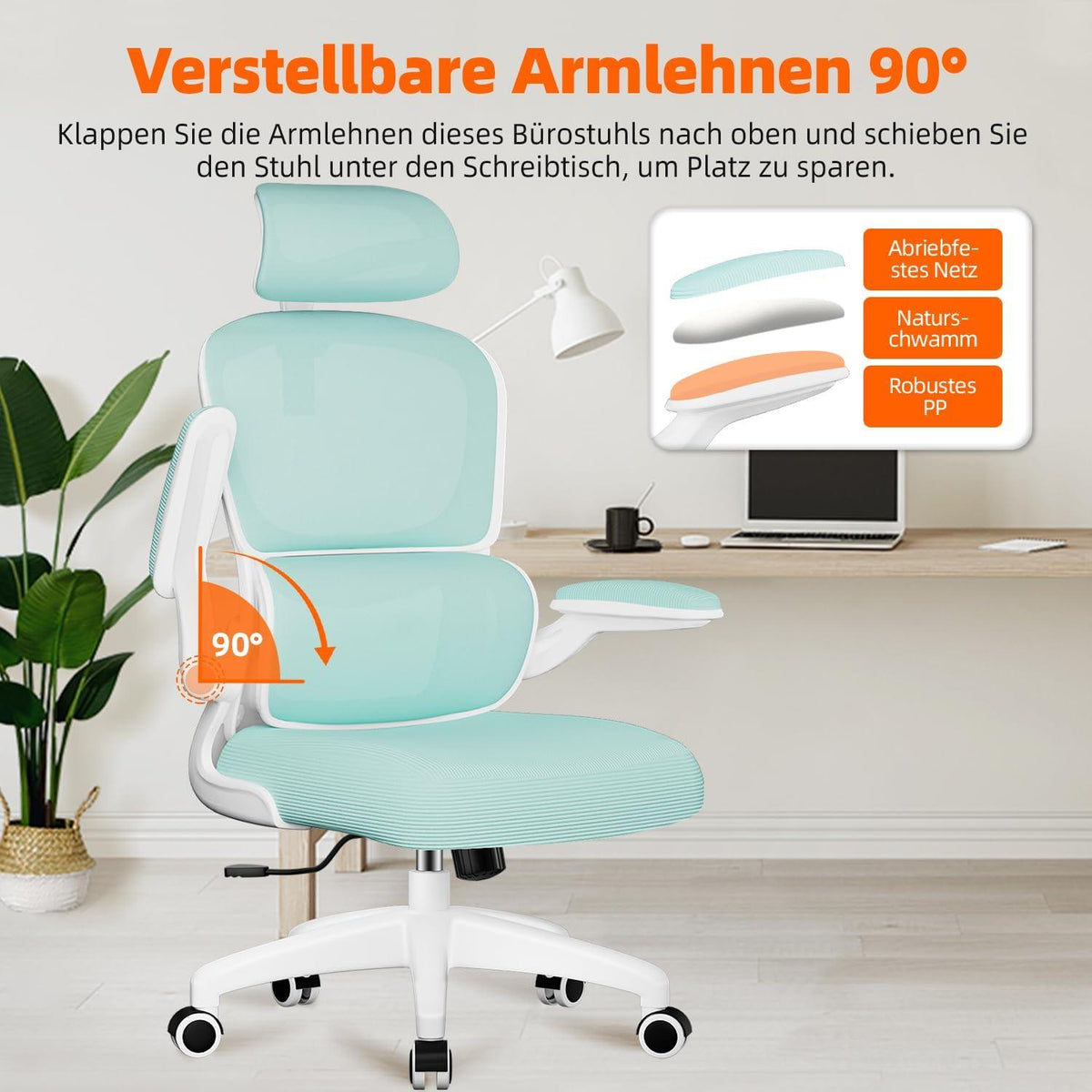 Ergonomischer Bürostuhl mit Klappbaren Armlehnen, 150 kg, Blaugrün
