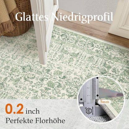 Vintage Teppich Grün 150x210cm Waschbar – Wohnzimmer Teppich