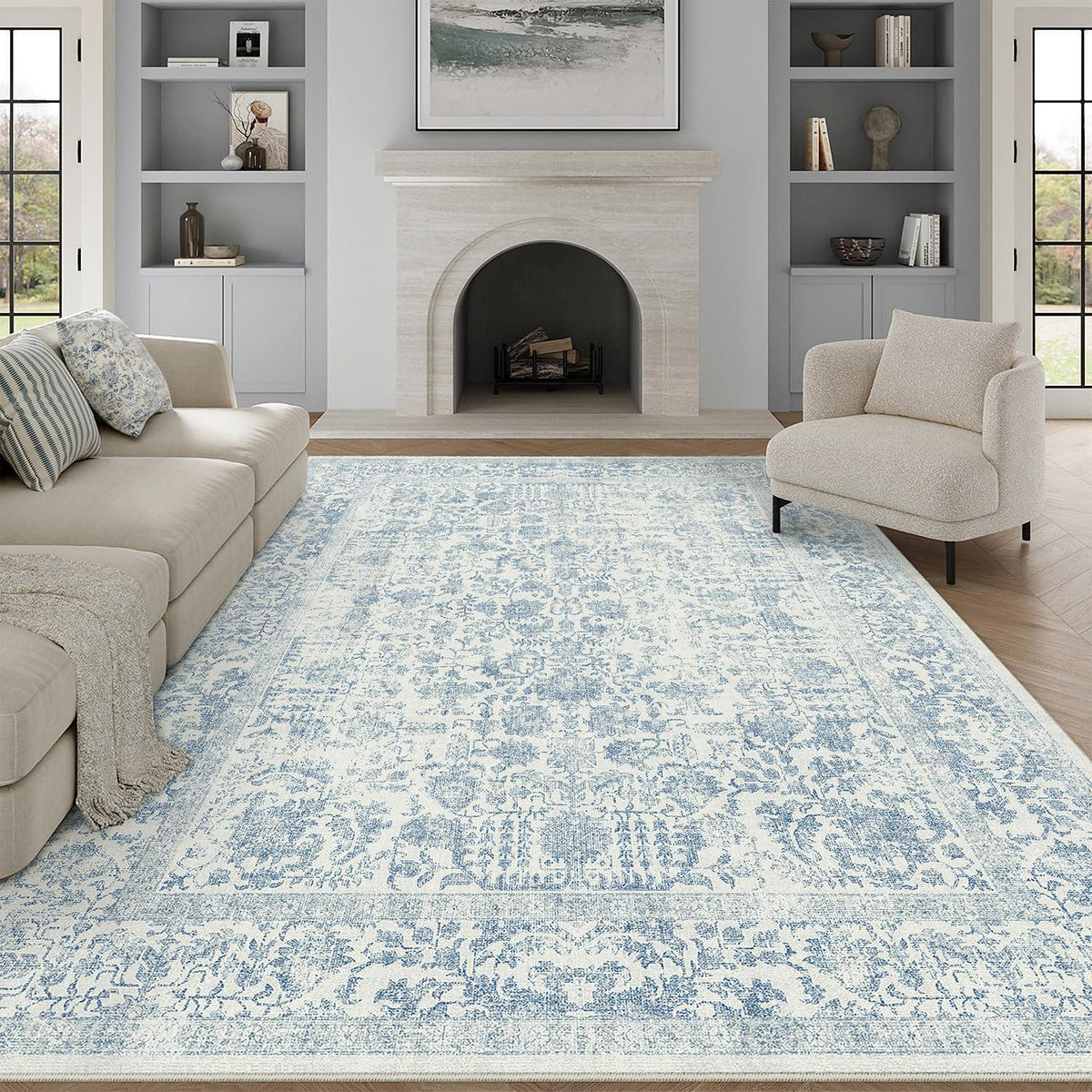 Vintage Teppich Blau 240x300cm Waschbar – Wohnzimmer Teppich