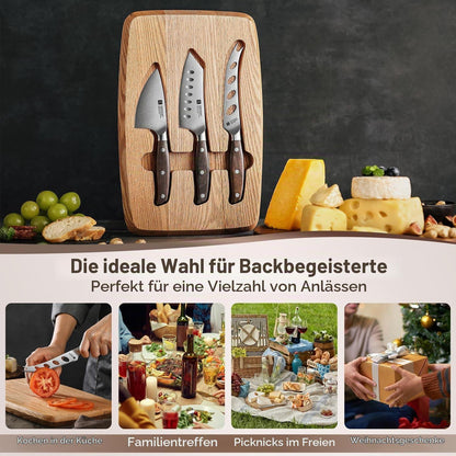 4-teiliges Käsemesser Set mit Roteiche Brett & Edelstahl