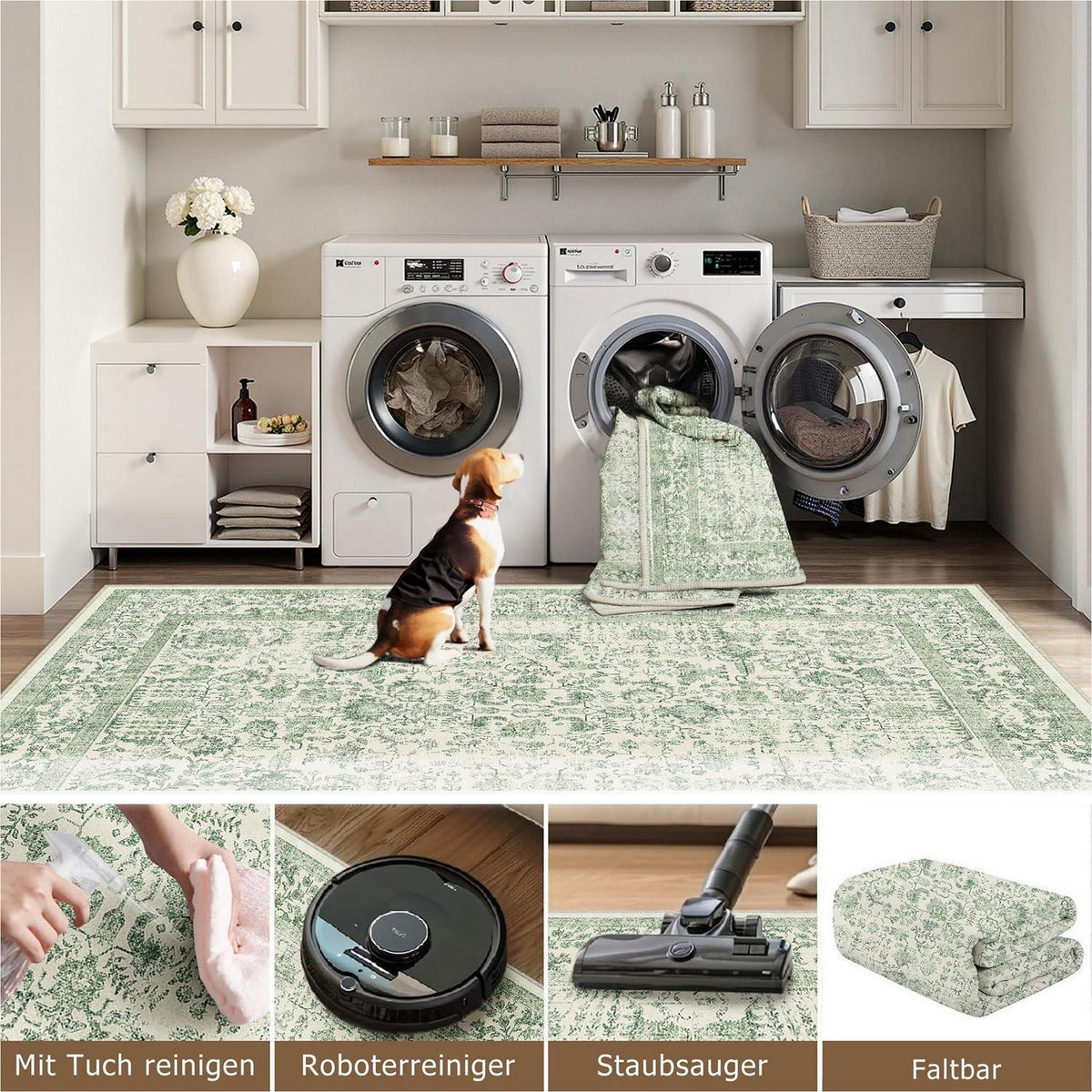 Vintage Teppich Grün 240x300cm Waschbar – Wohnzimmer Teppich
