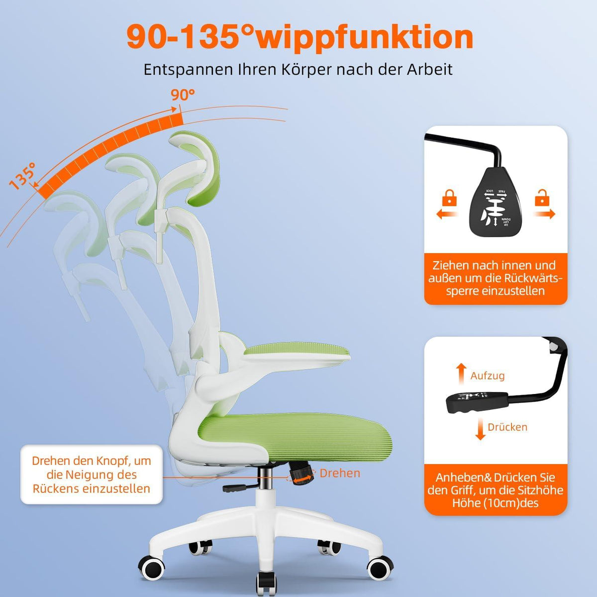 Ergonomischer Bürostuhl mit Lendenwirbelstütze, Klappbaren Armlehnen, Wippfunktion bis 135°, 150 kg Tragkraft, Grün