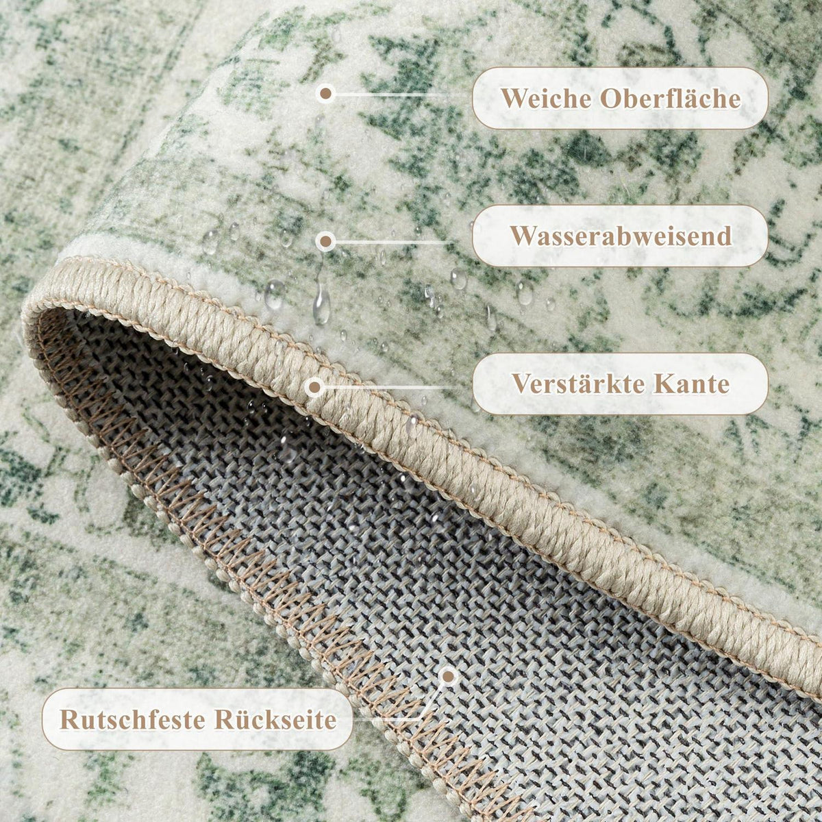 Vintage Teppich Grün 180x270cm Waschbar – Wohnzimmer Teppich