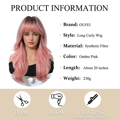 Lange Ombre Rosa Synthetische Perücke mit Vorhang Pony