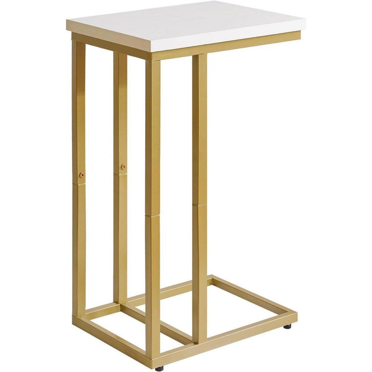C-förmiger Beistelltisch mit weißer Tischplatte und goldenen Metallbeinen