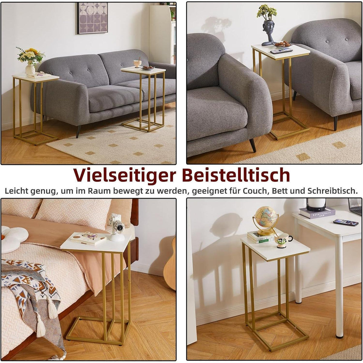 C-förmiger Beistelltisch mit weißer Tischplatte und goldenen Metallbeinen