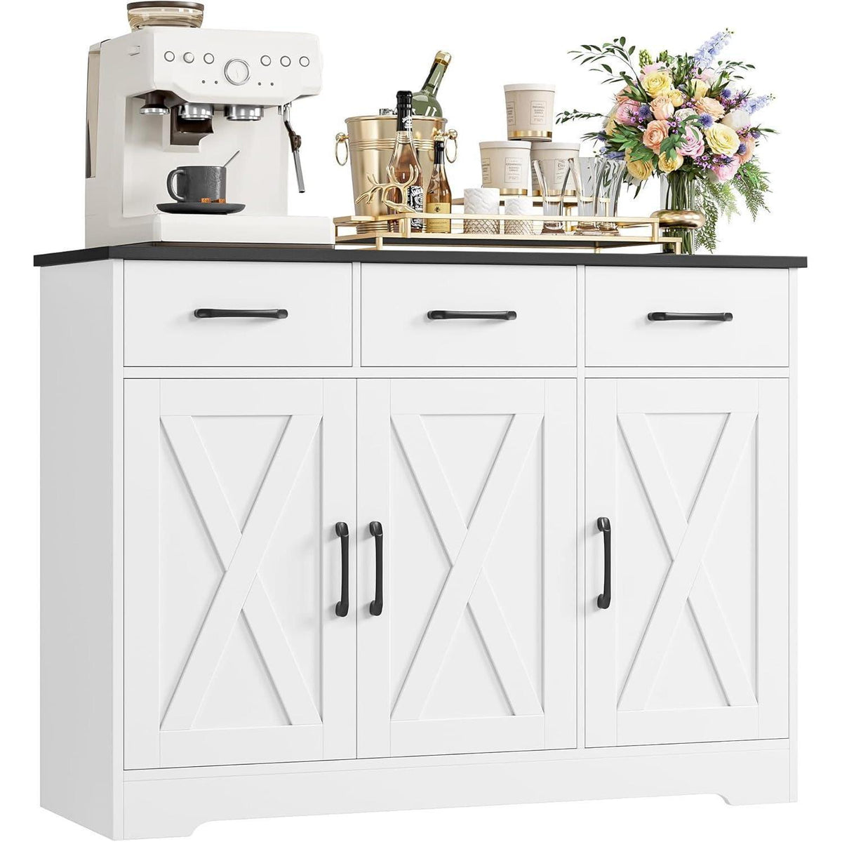 Sideboard mit Schubladen & Türen – Küchenschrank Weiß & Schwarz