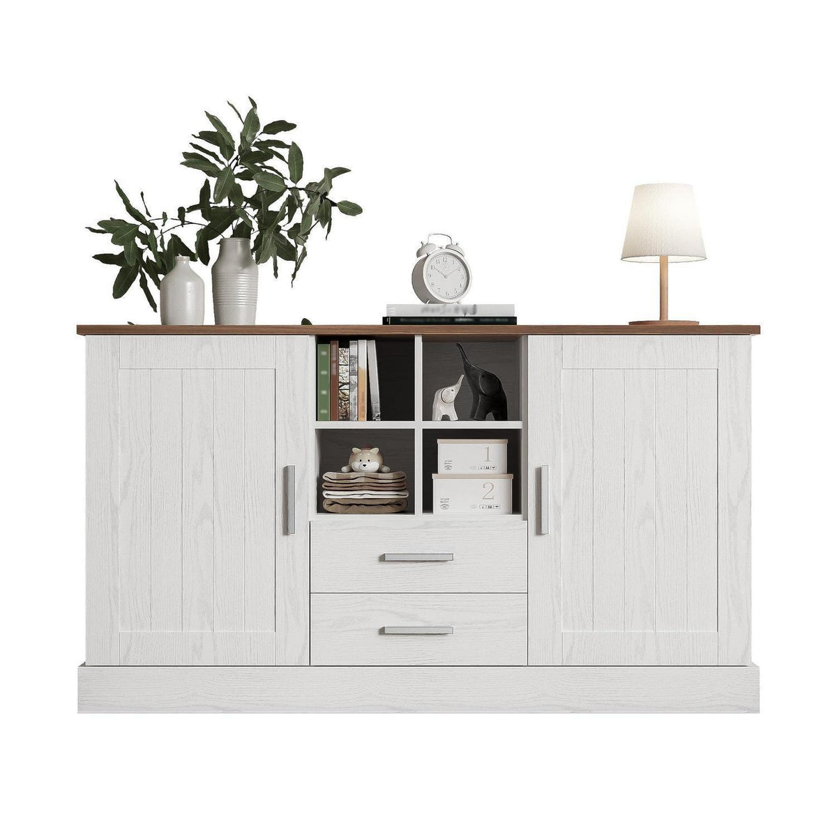Weißes Sideboard mit 4 Regalen & 2 Schubladen – 140x40x79,5 cm