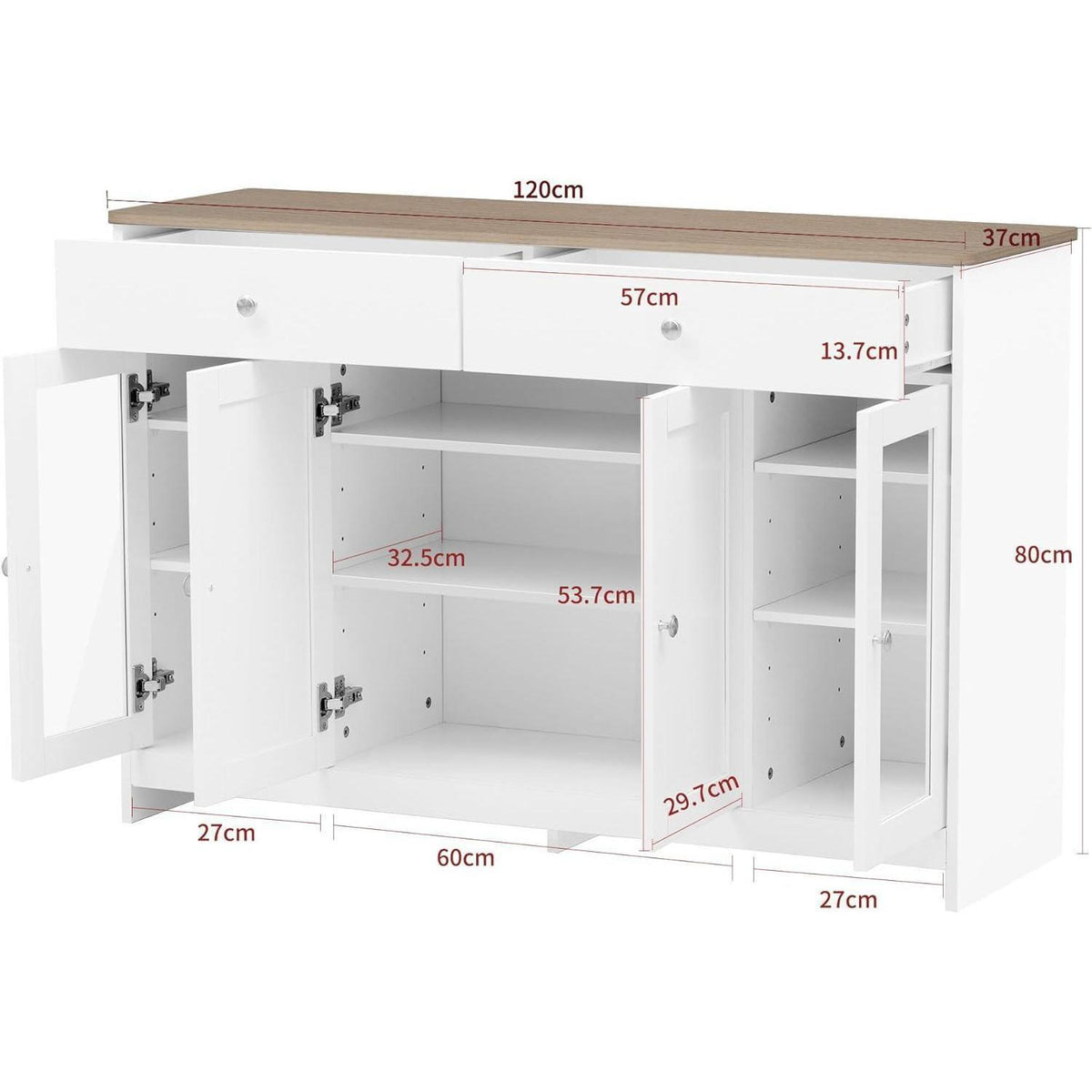 Weißes Sideboard mit Glastüren & Schubladen – 120x37x80cm