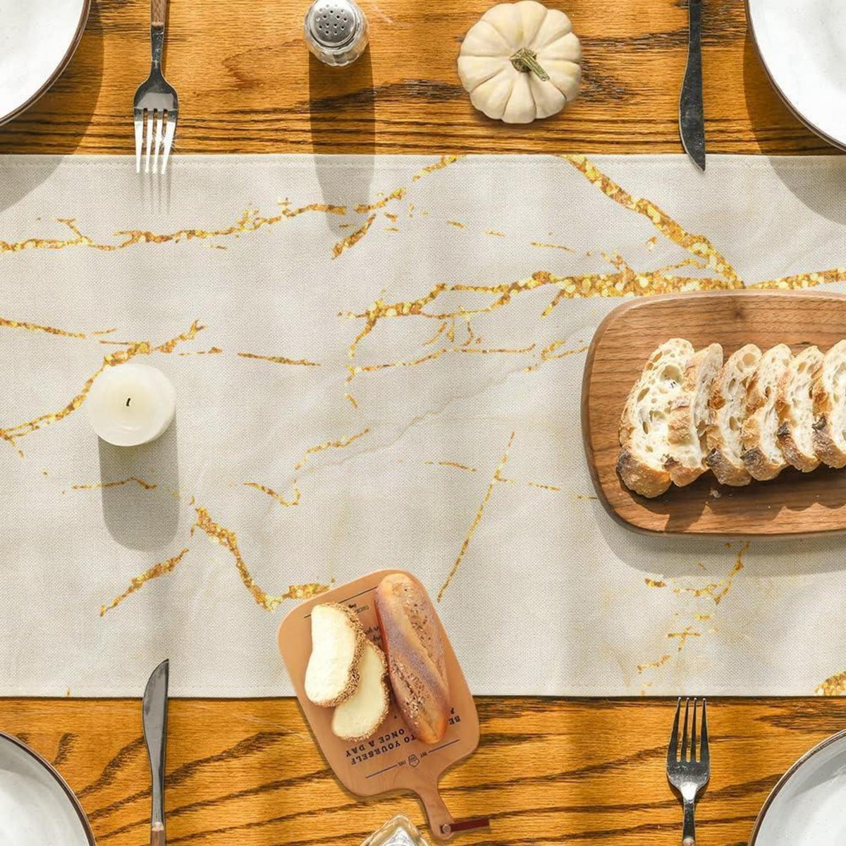 Moderner Tischläufer Leinen Weiß Gold 40x180 cm Marmor Optik