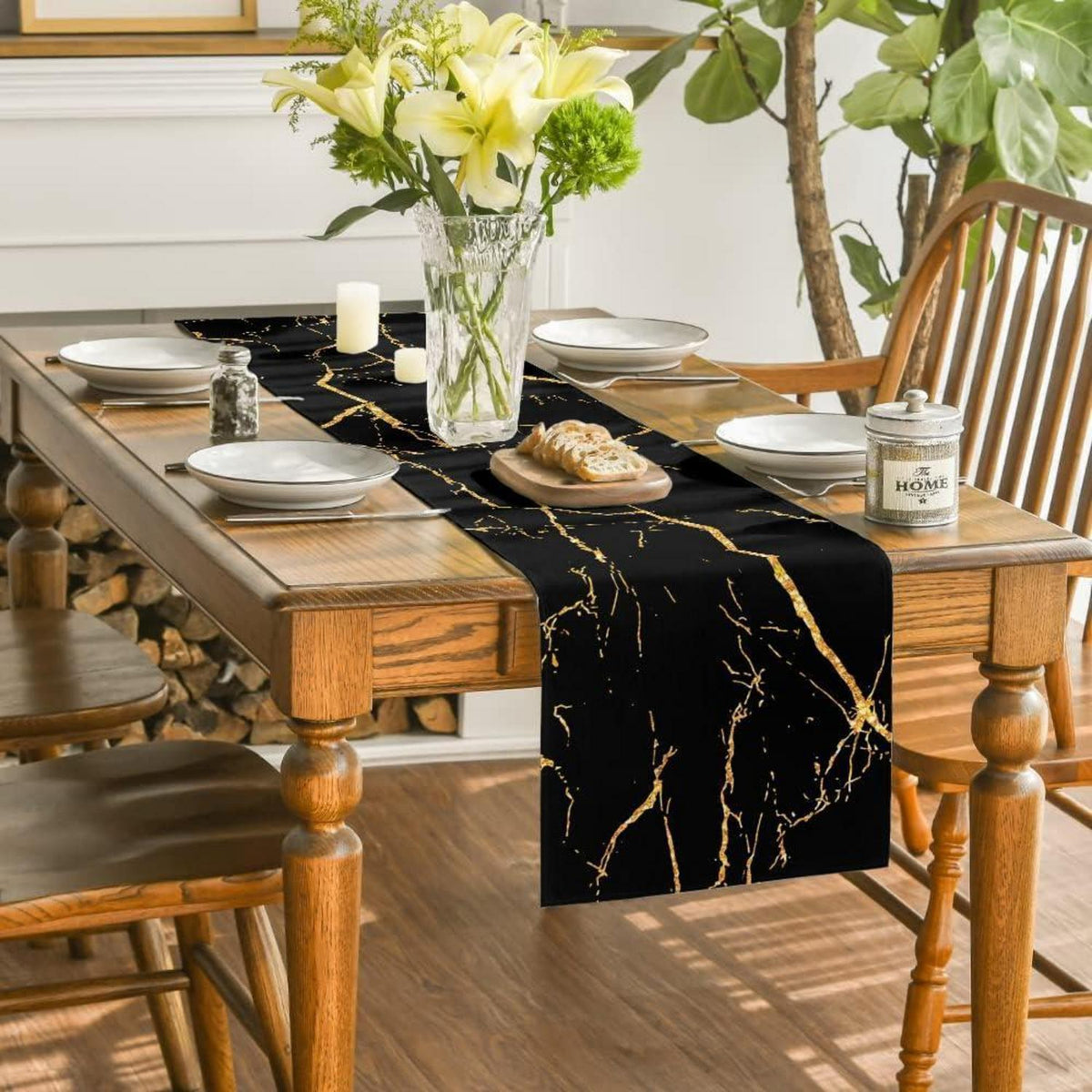 Tischläufer Leinen Polyester 140x40 Schwarz Gold Modern