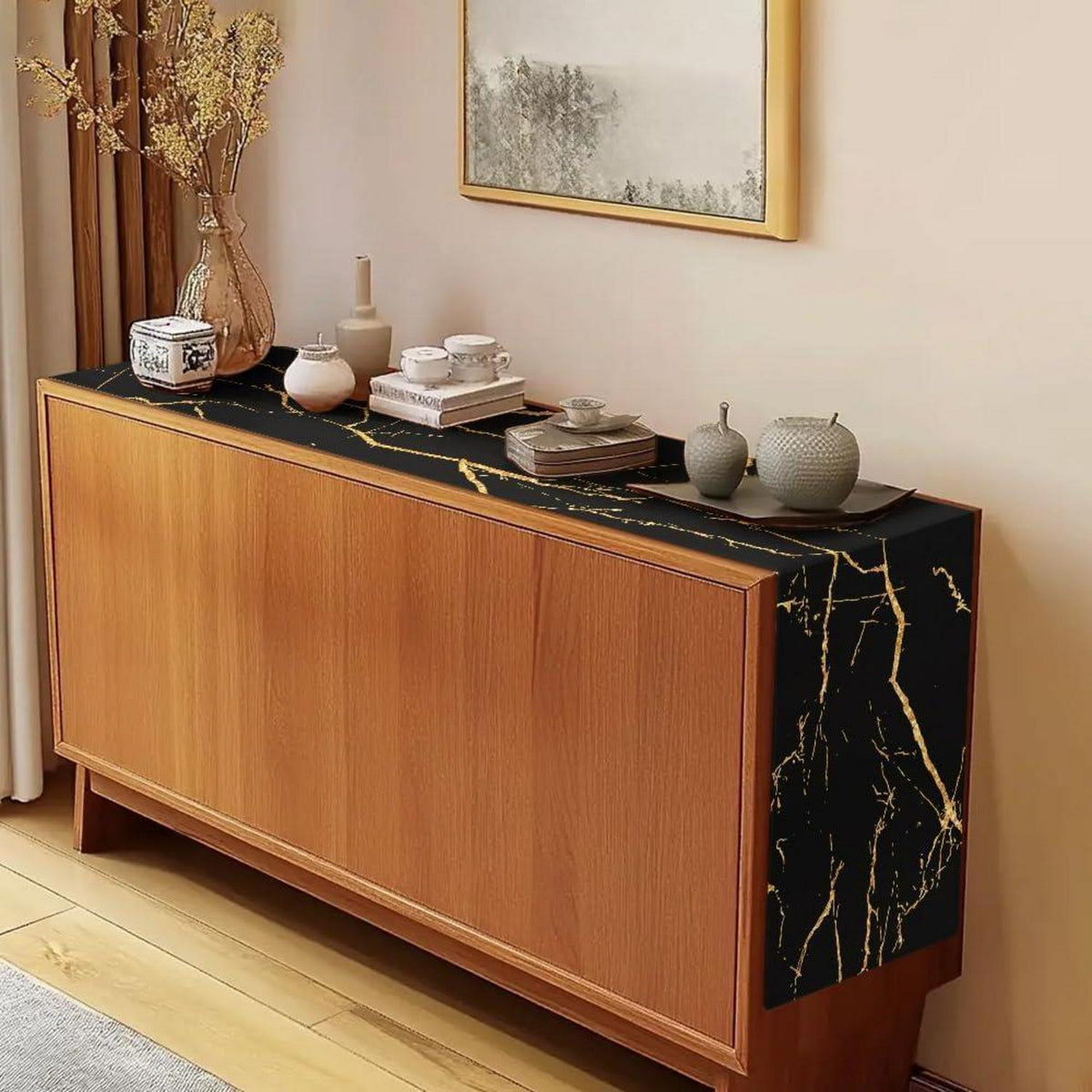 Tischläufer Leinen Polyester 140x40 Schwarz Gold Modern