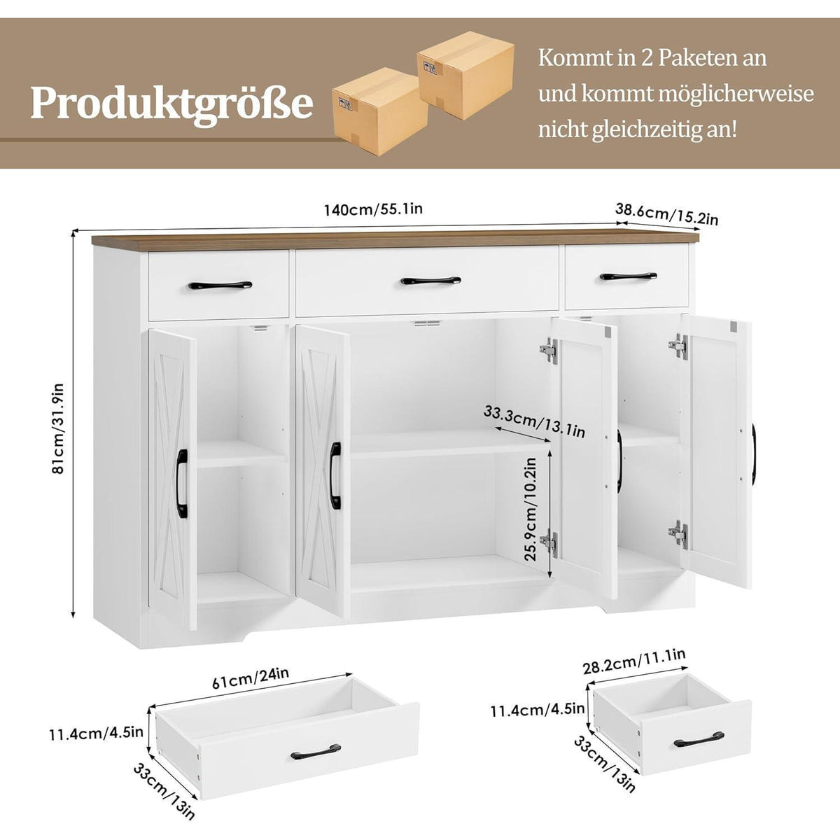 Sideboard 140cm mit Schubladen & Regalen – Weiß & Braun
