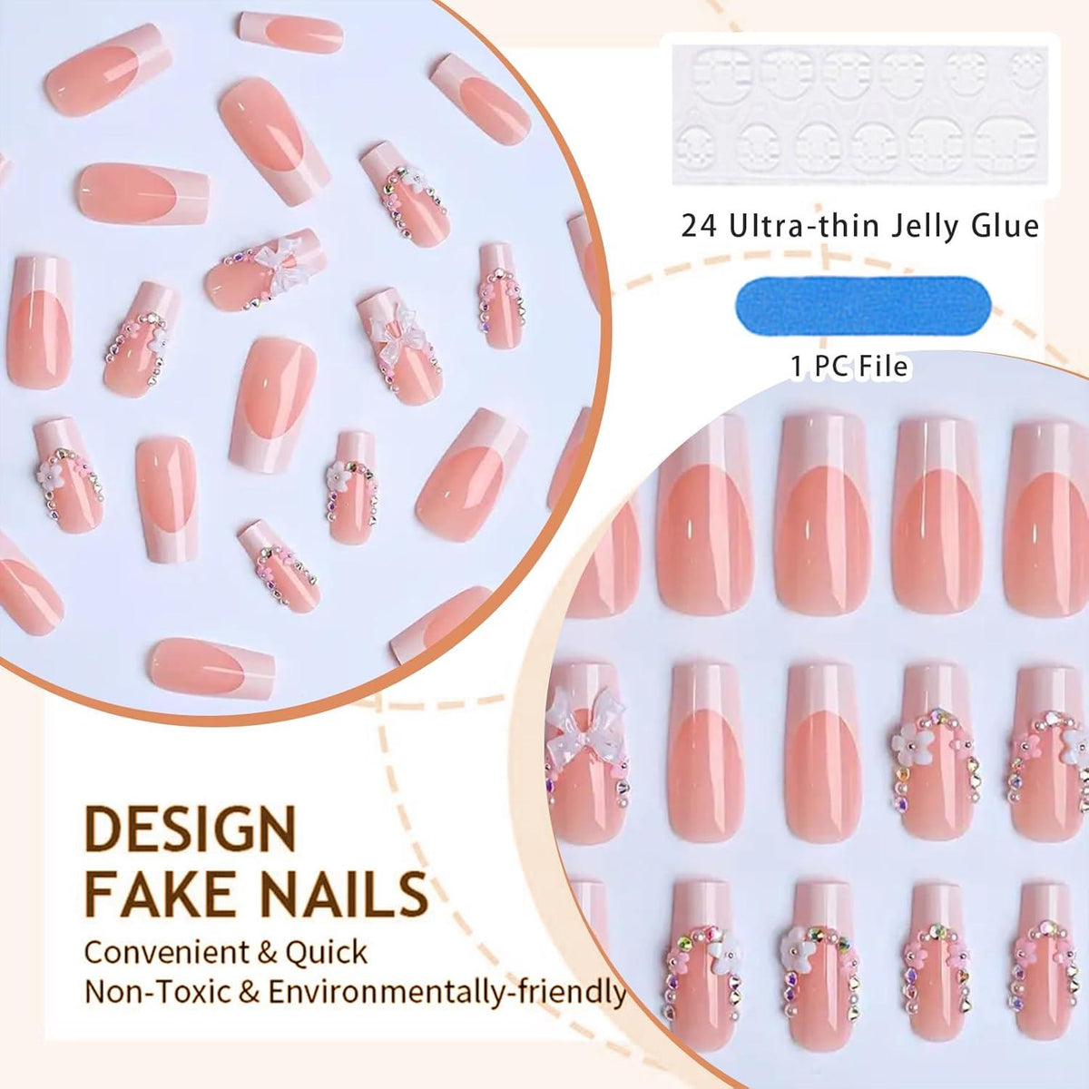Press on Nails Long Length French Tip mit Strass Acryl