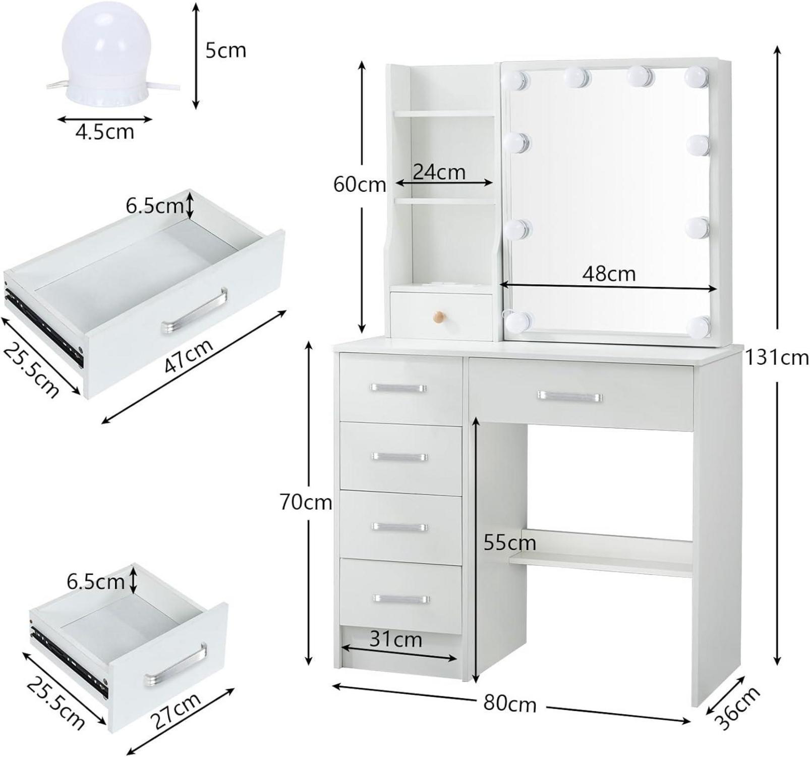 Schminktisch mit LED-Beleuchtung und Hocker, weiß, 80x34x130cm