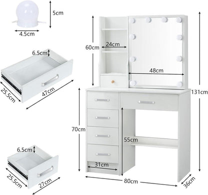Schminktisch mit LED-Beleuchtung und Hocker, weiß, 80x34x130cm