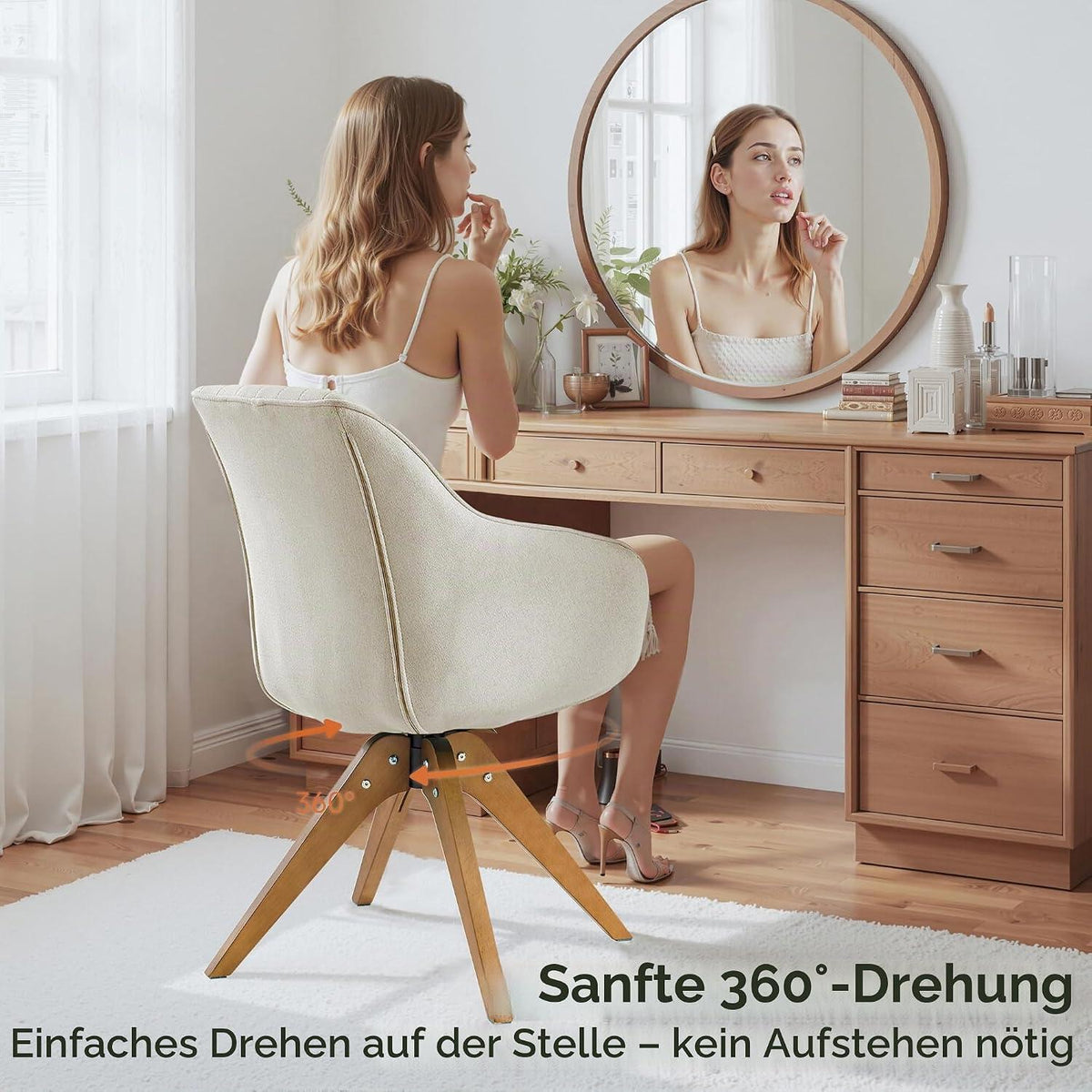 Drehbarer Esszimmerstuhl 2er Set Beige Samt mit Eichenholzbeinen