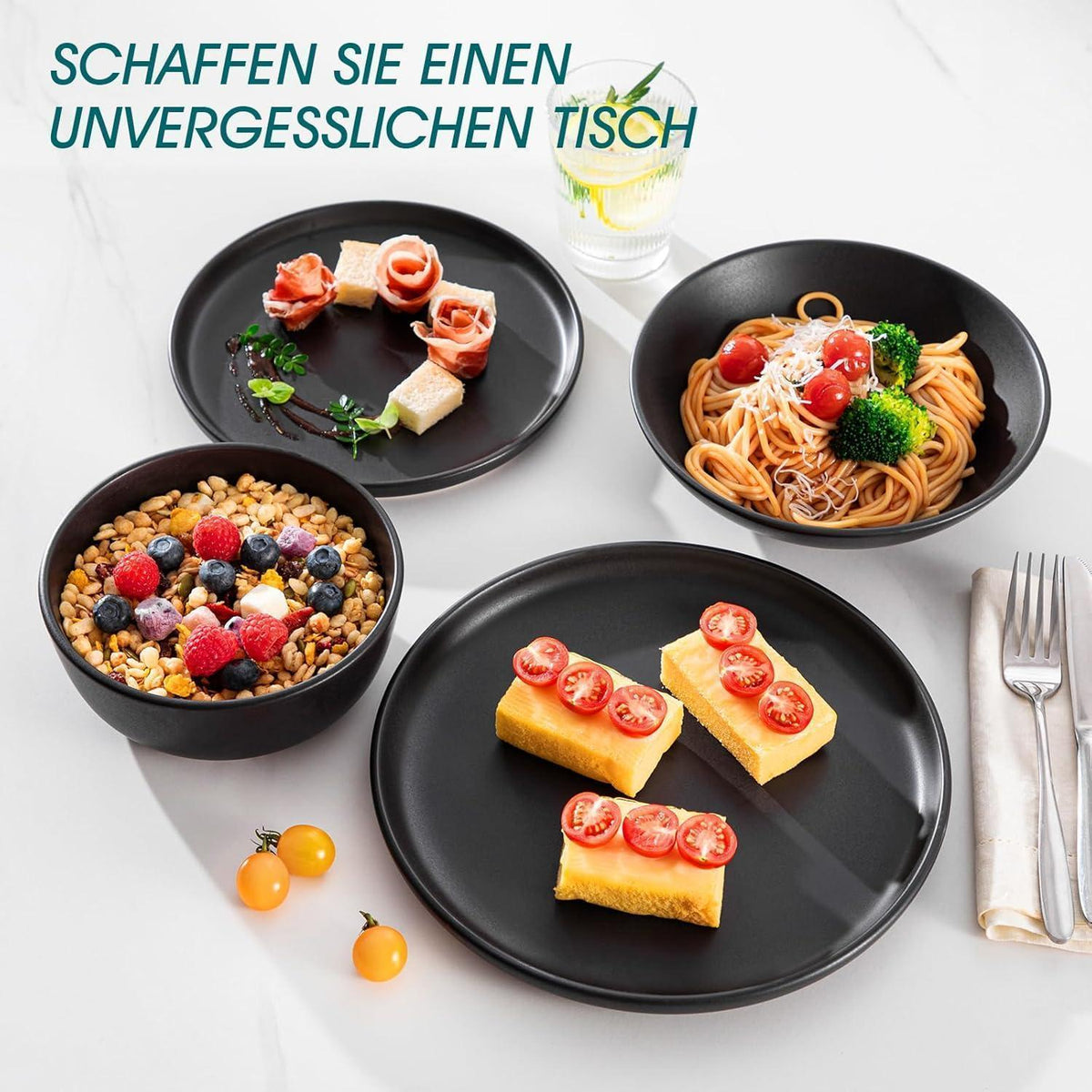Steingut Geschirrset 24tlg für 6 Personen, Schwarz