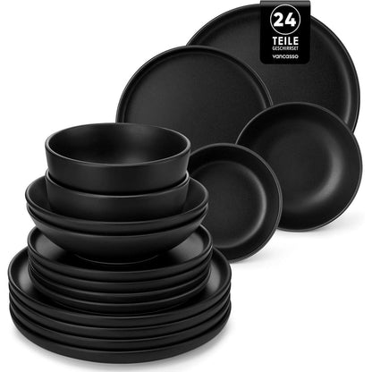 Steingut Geschirrset 24tlg für 6 Personen, Schwarz