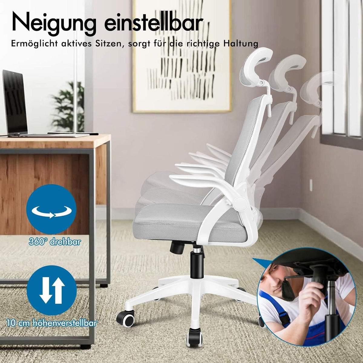 Ergonomischer Bürostuhl mit Lordosenstütze & Kopfstütze, hochklappbare