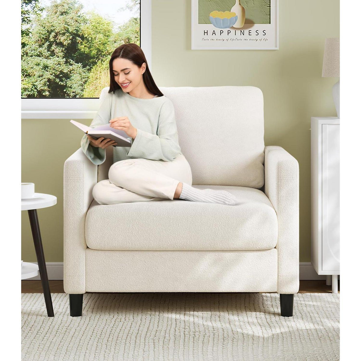 Bequemer Lesesessel Wohnzimmer – 84cm, Beige/Weiß