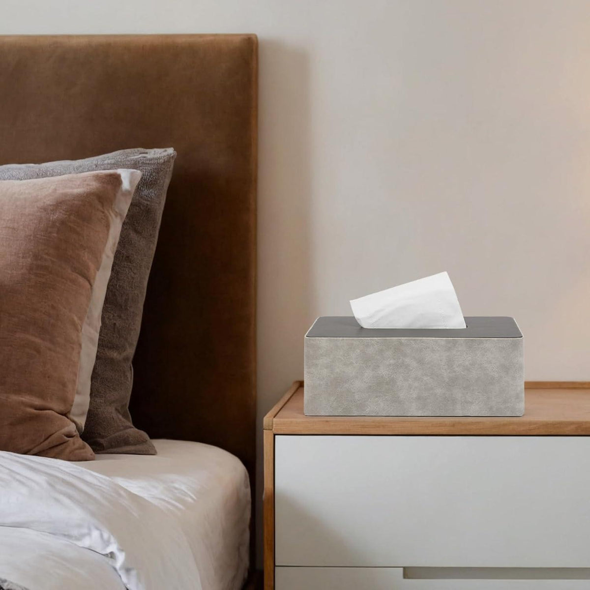 Moderne Taschentuchbox Grau & Holzoptik in Lederoptik