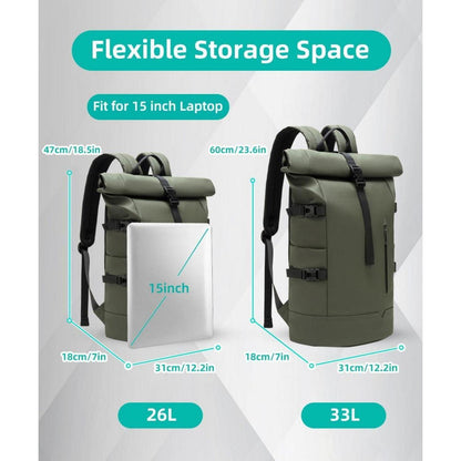 Rolltop Rucksack 33L Wasserdicht – Laptop & Fahrradrucksack Grün