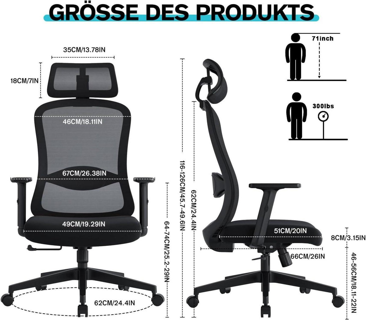 Ergonomischer Bürostuhl mit verstellbaren 2D Kopfstützen, Schwarz