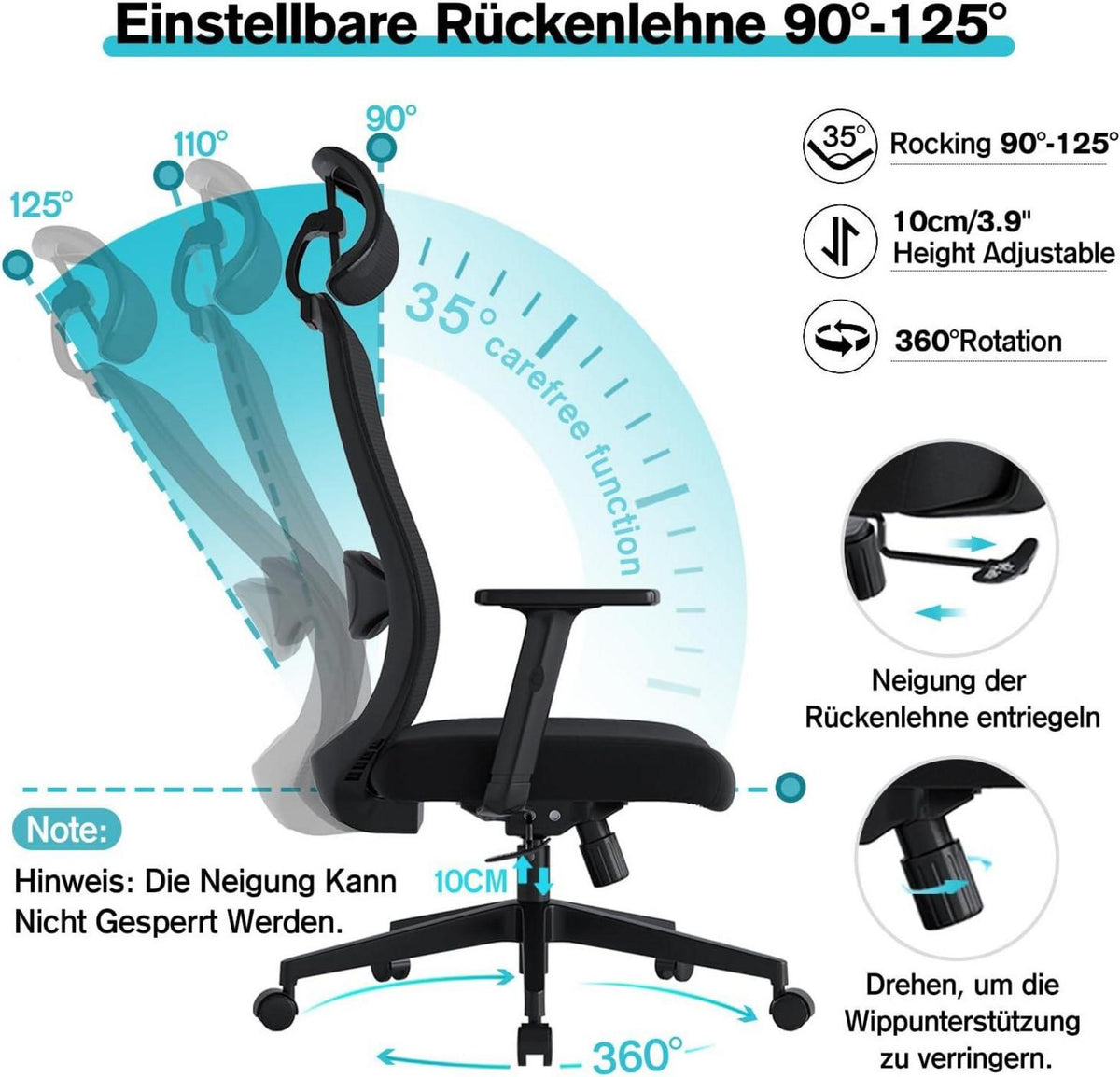 Ergonomischer Bürostuhl mit verstellbaren Kopfstützen und Armlehnen - Schwarz