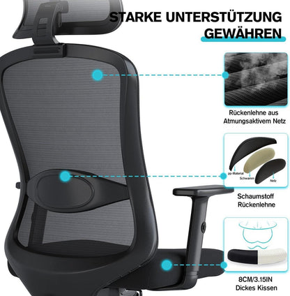 Ergonomischer Bürostuhl mit 2D Kopfstütze, Armlehnen und Lendenkissen
