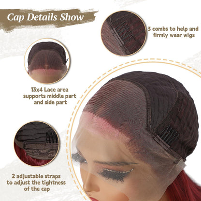 Burgunder Körperwelle Spitze Front Perücke mit Pink Highlights 26 Zoll