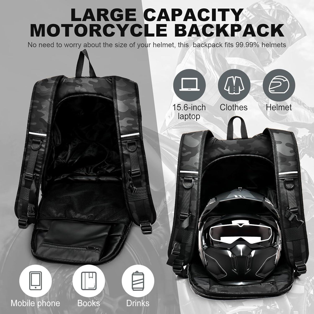 Motorrad Rucksack Wasserdicht mit Helmhalterung – Schwarz Camo L