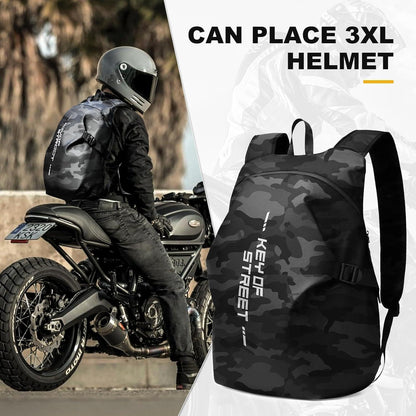 Motorrad Rucksack Wasserdicht mit Helmhalterung – Schwarz Camo L