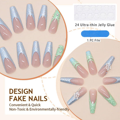 24er Set Glitzer Acrylnägel Sargform Butterfly Square Floral