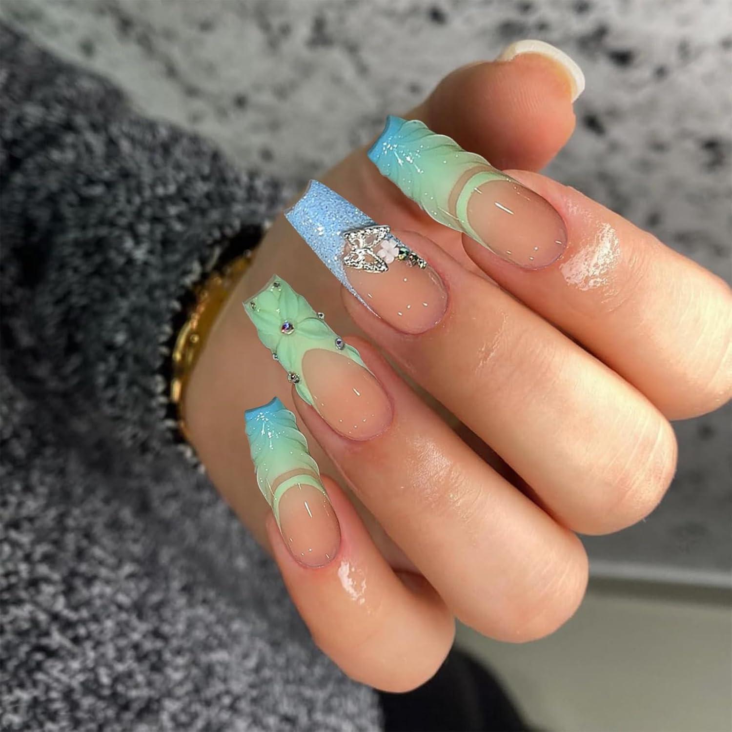 24 Stück Long 3D Press on Nägel Sargform False Nails Glitter Grün Blau