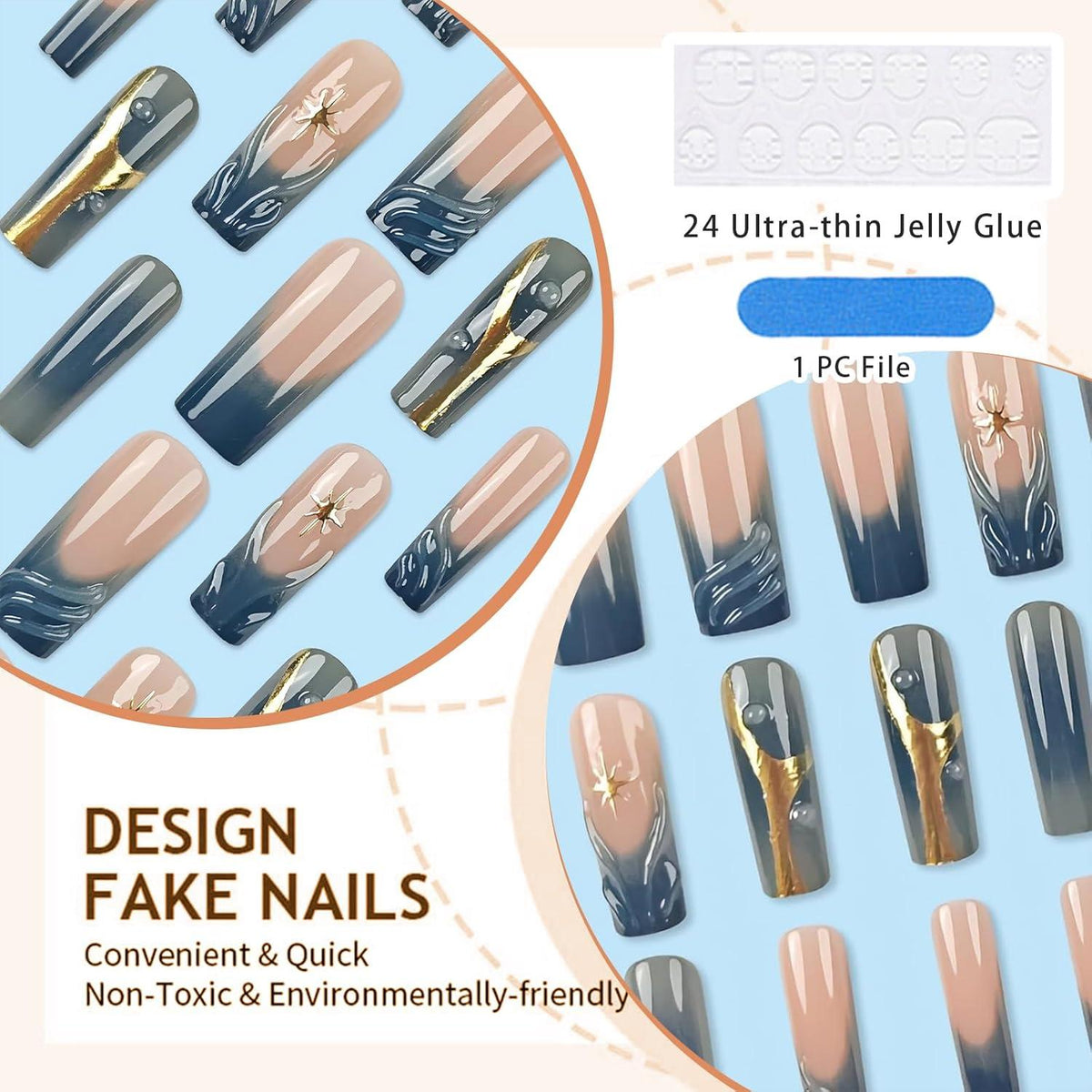 Quadratische Blaue Falsche Nägel French Tip 24 Stück ABS Material