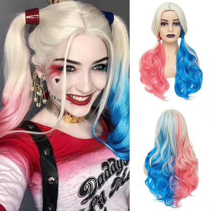 Damen Harley Quinn Perücke Blond Blau Rosa Lockig Lang