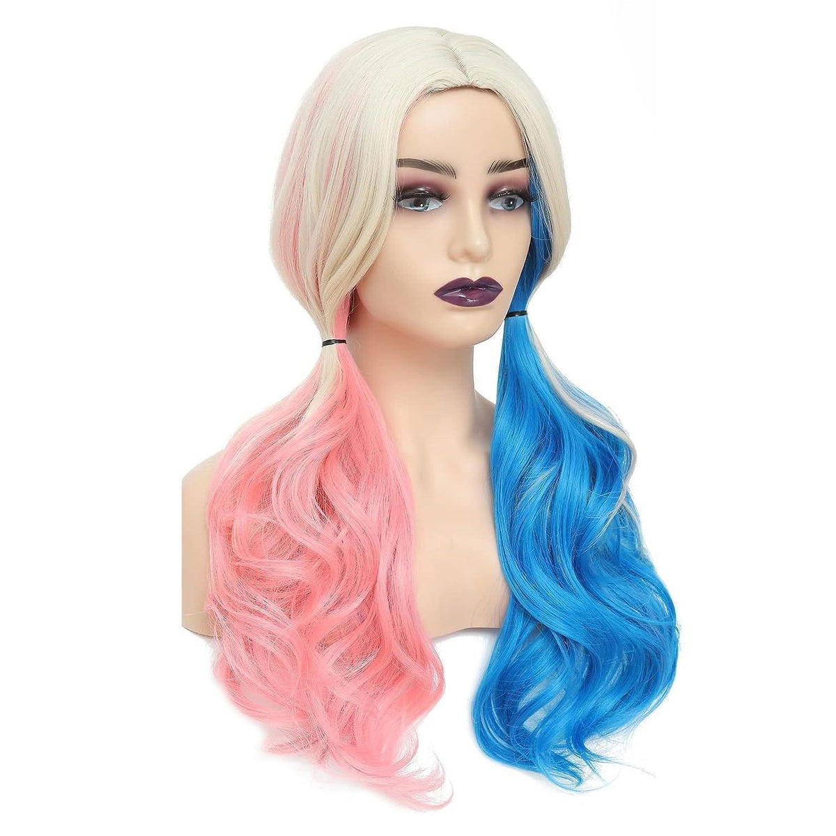 Damen Harley Quinn Perücke Blond Blau Rosa Lockig Lang