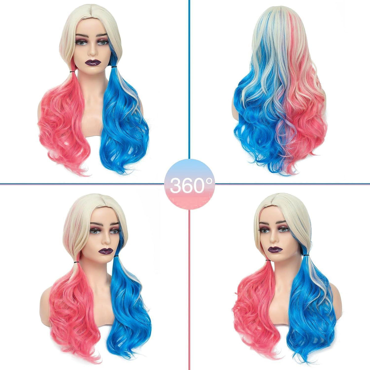 Damen Harley Quinn Perücke Blond Blau Rosa Lockig Lang