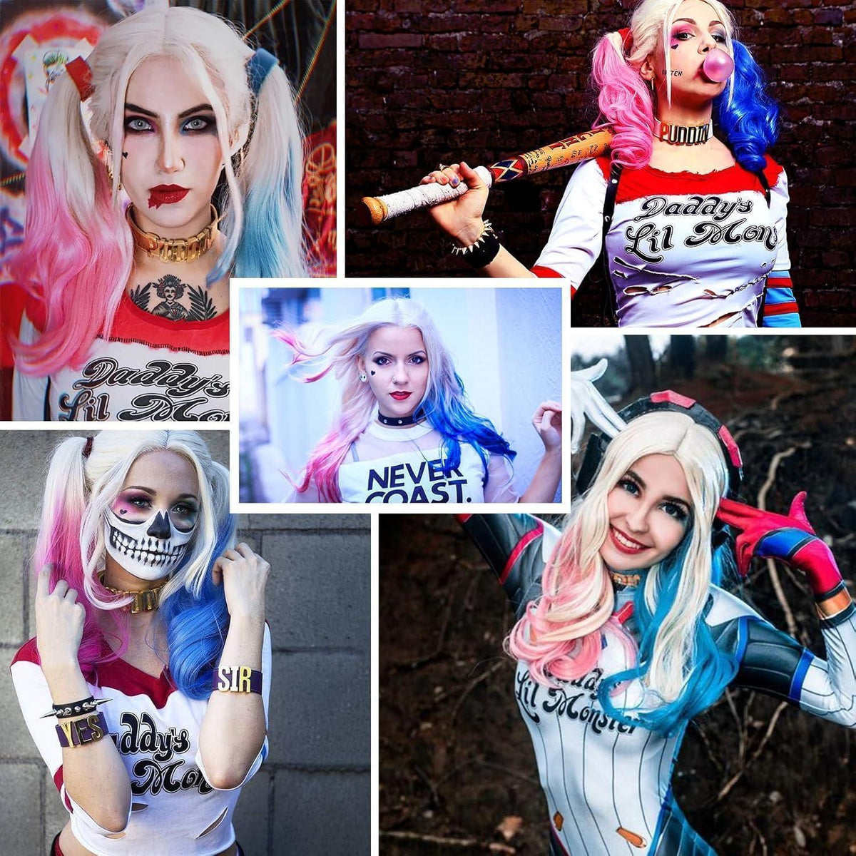 Damen Harley Quinn Perücke Blond Blau Rosa Lockig Lang