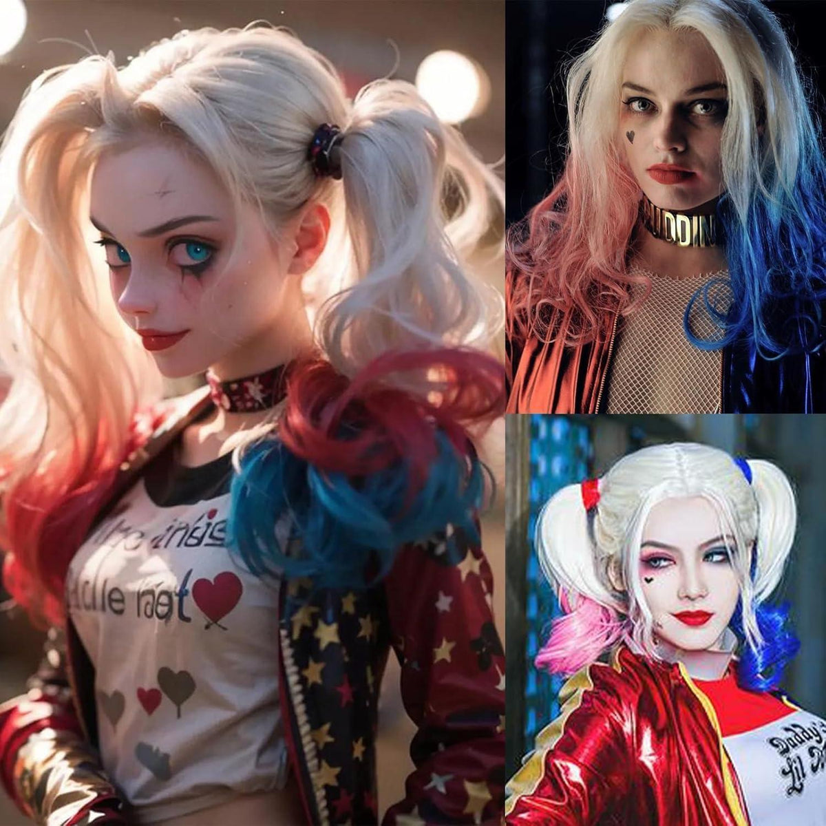 Damen Harley Quinn Perücke Blond Blau Rosa Lockig Lang