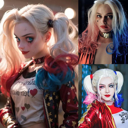 Damen Harley Quinn Perücke Blond Blau Rosa Lockig Lang