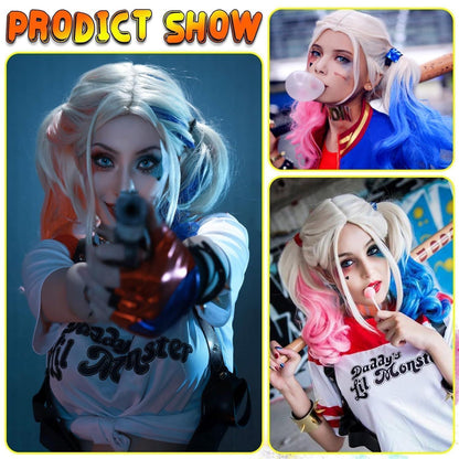 Damen Harley Quinn Perücke Blond Blau Rosa Lockig Lang