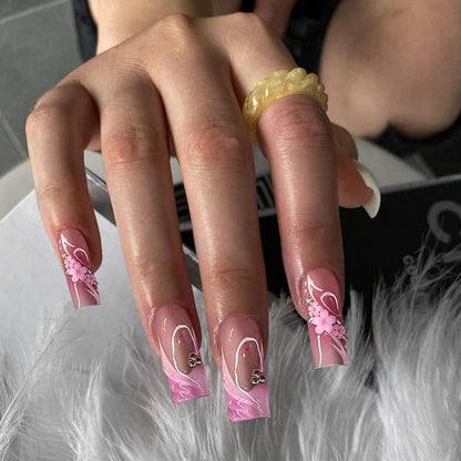 24 Stück Rosa Blumen Design Acryl Nägel Quadratisch 3D