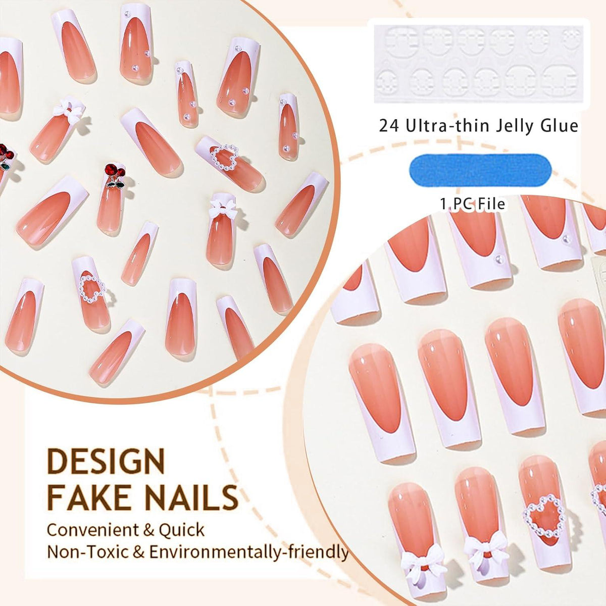 3D Perlen Weiße French Tip Falsche Nägel 24 Stück Gel-Gum Überzug