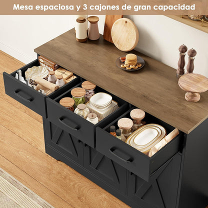 Sideboard Küchenschrank mit 3 Schubladen & 3 Türen – Antik Braun/Schwarz