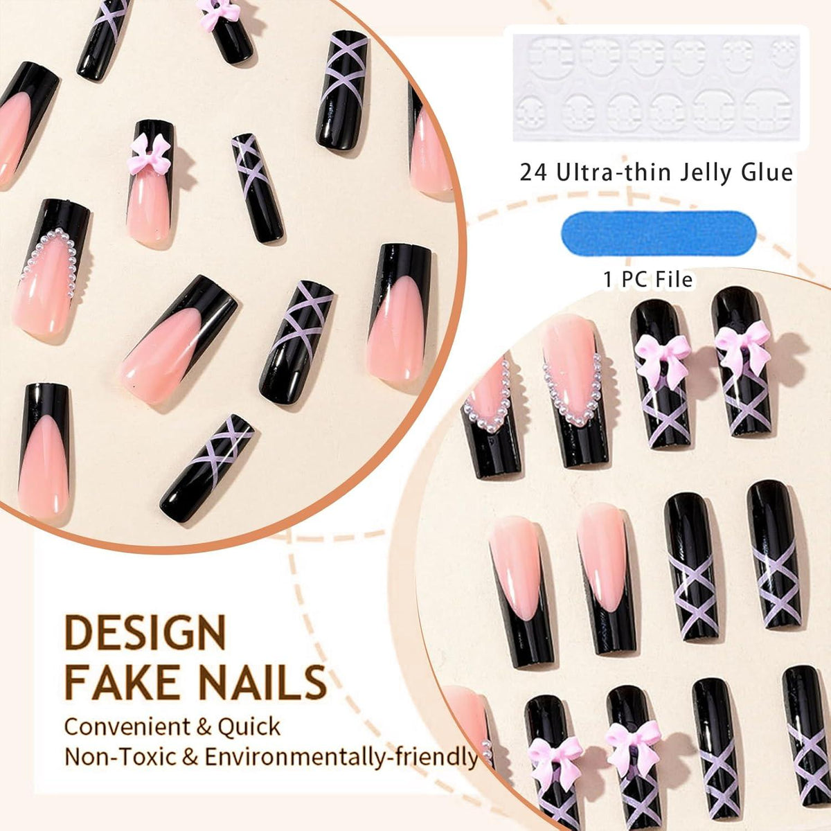 Schwarze Glossy Coffin Acryl Fingernägel mit Schleife - Stil-23