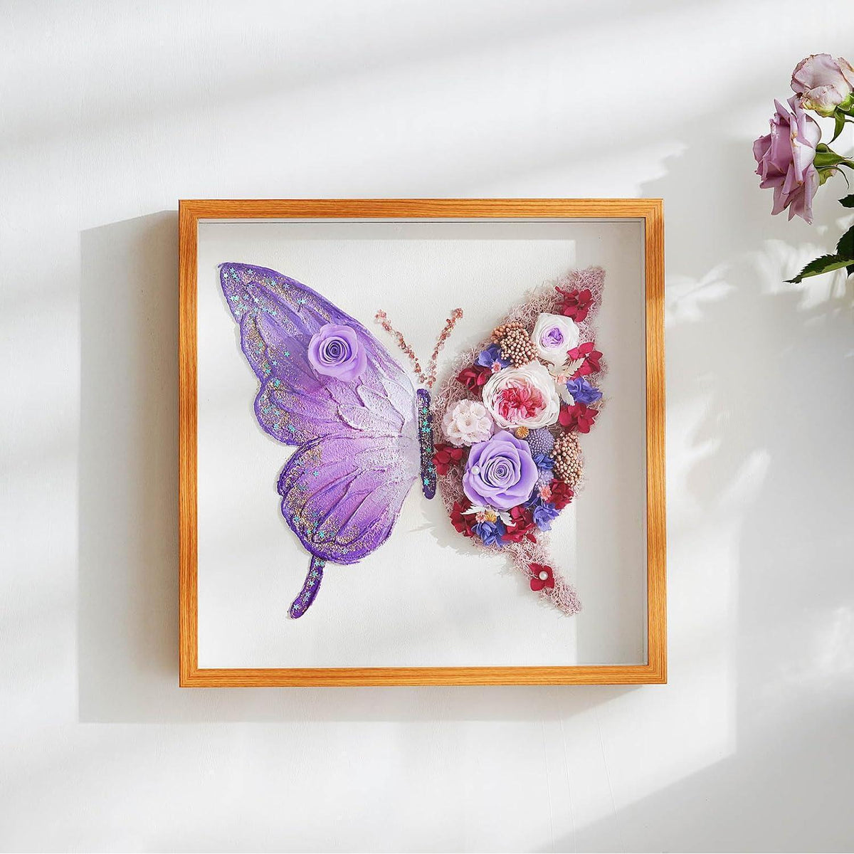 Ewige Rose Schmetterling Deko - Konservierte Blume Wandbild Lila