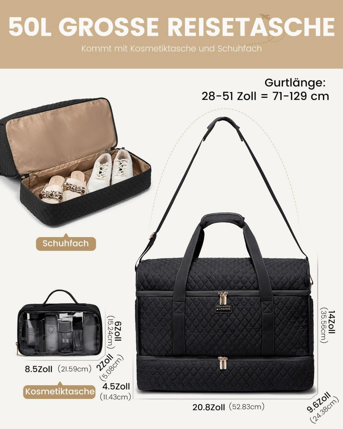 Reisetasche Damen mit Schuhfach und wasserdicht, Schwarz